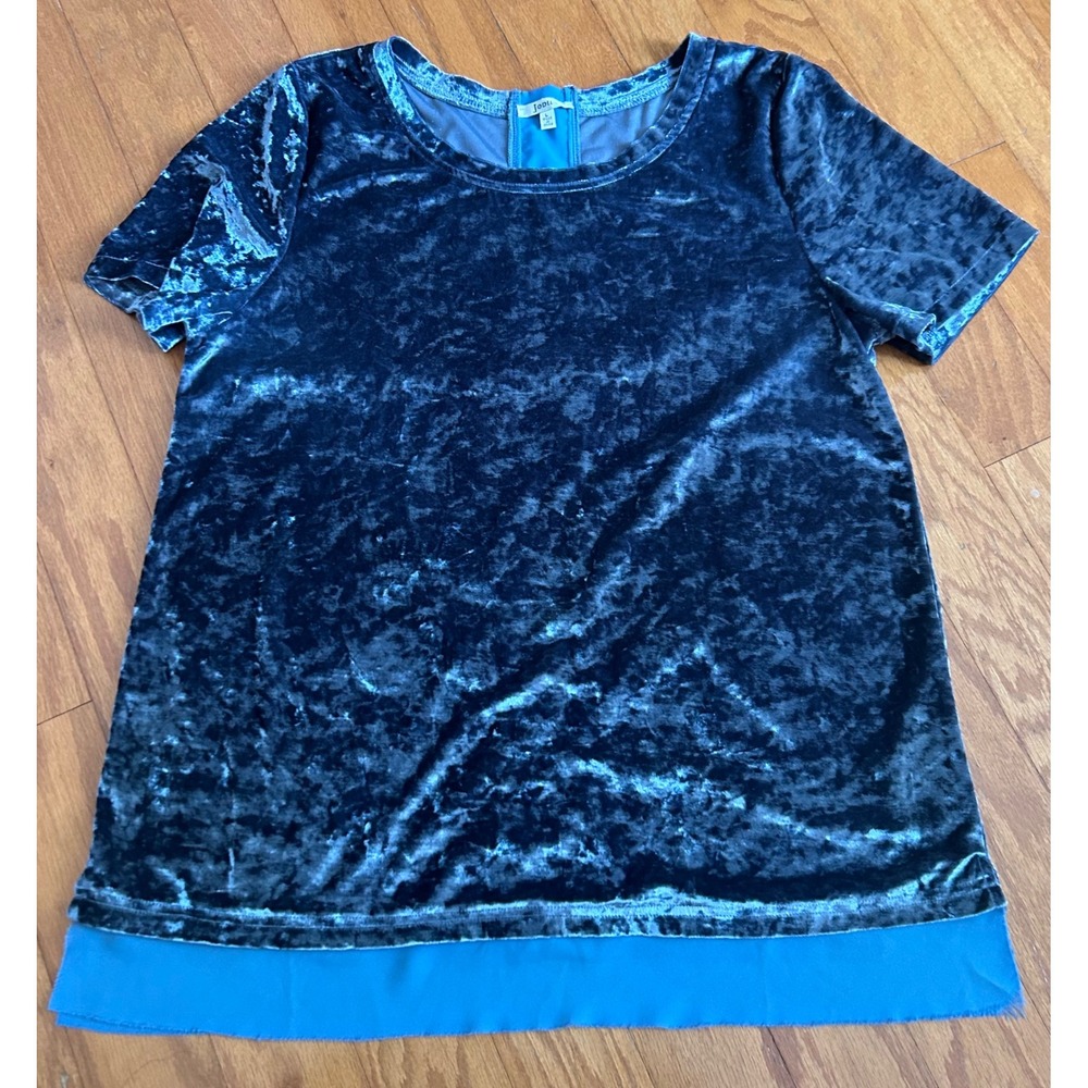 JODIFLY‎ Boho Crushed Velvet Teal Blue Short Sleeve Tunic Top Women's Size L